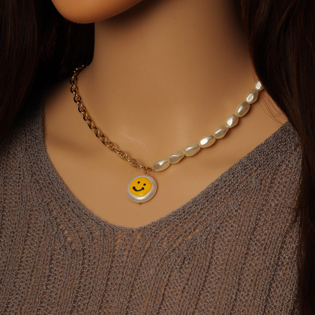Link Gold Chain White Beads Smiley Face Pendant Necklace, Sku#EF509