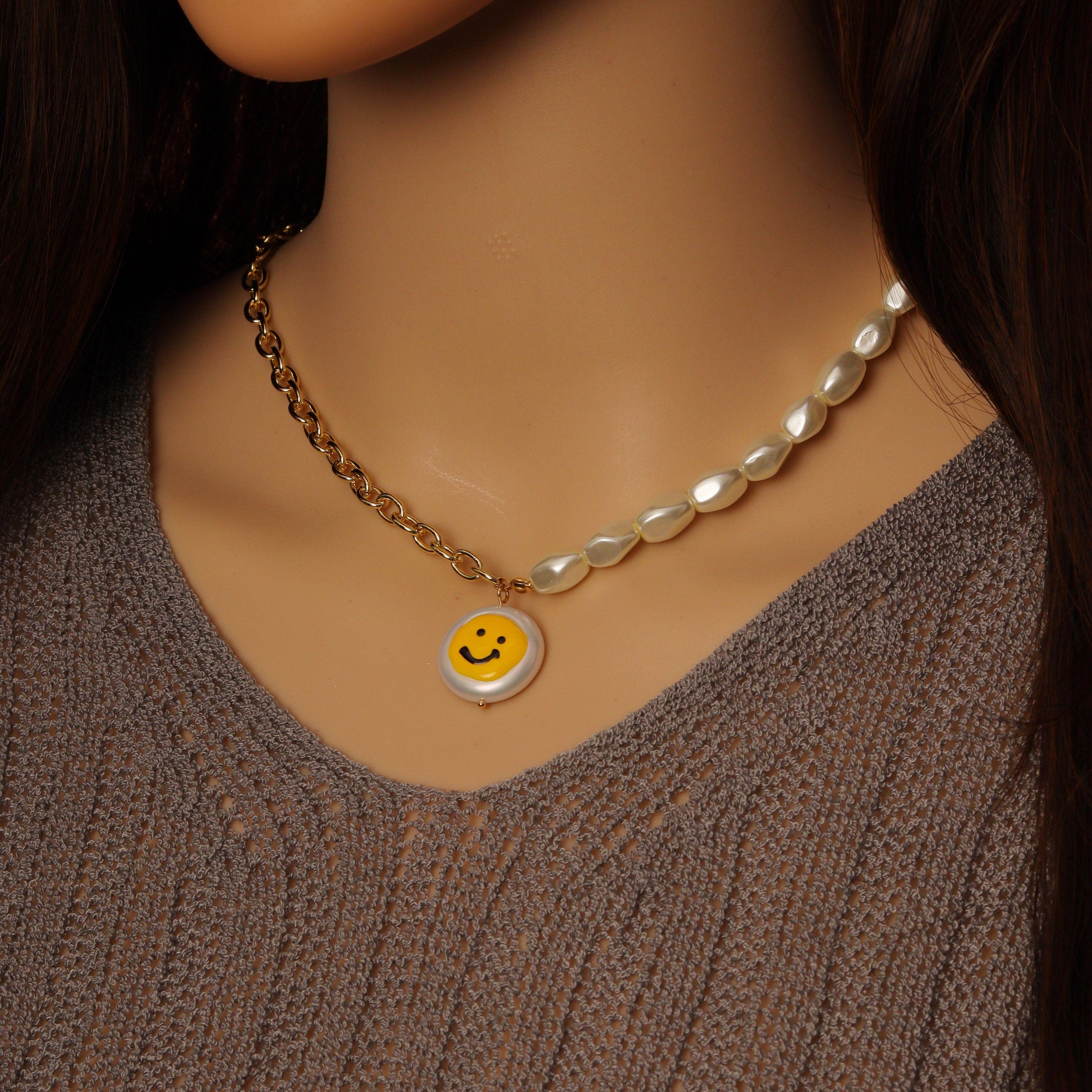 Link Gold Chain White Beads Smiley Face Pendant Necklace, Sku#EF509