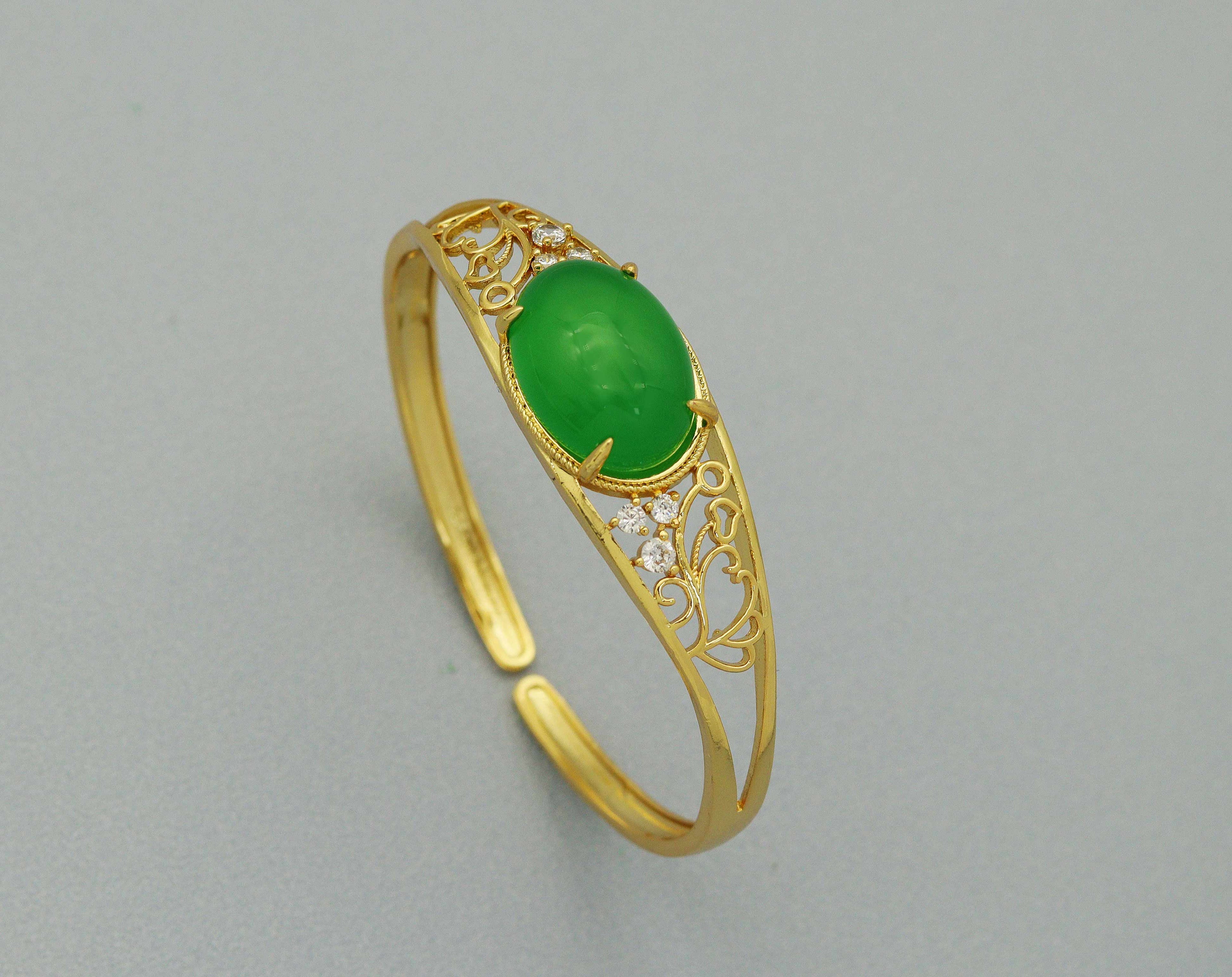 CZ Oval Jade Cuff Adjustable Bracelet, Sku#LX58