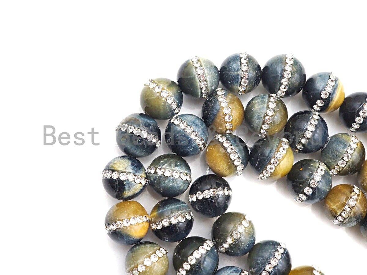 High Quality Natural Tiger Eye with Rhinestone Inlaid, 6mm/8mm/10mm/12mm, Tiger eye Beads, 15.5'' Full Strand, SKU#V50