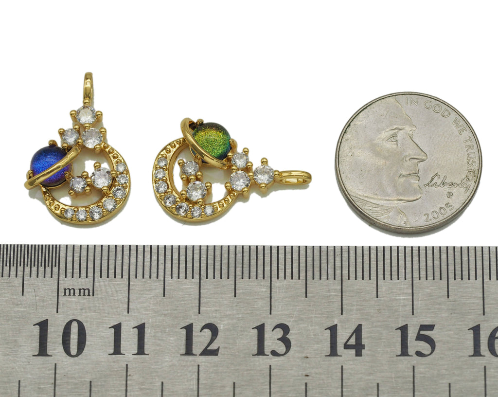 Gold CZ Earth On Cresent Moon Charm, Sku#Y705