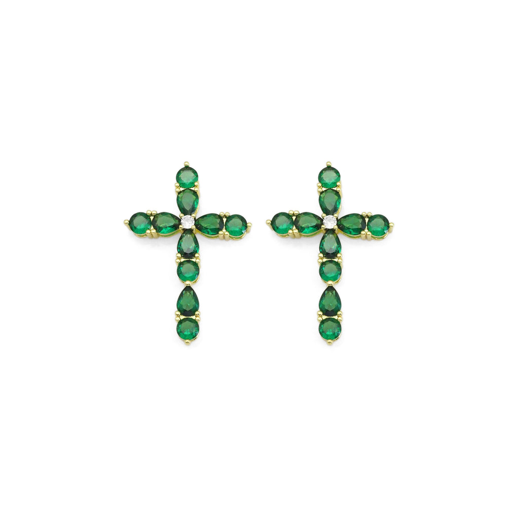 Green Teardrop CZ Gold Cross Charm, Sku#LX356