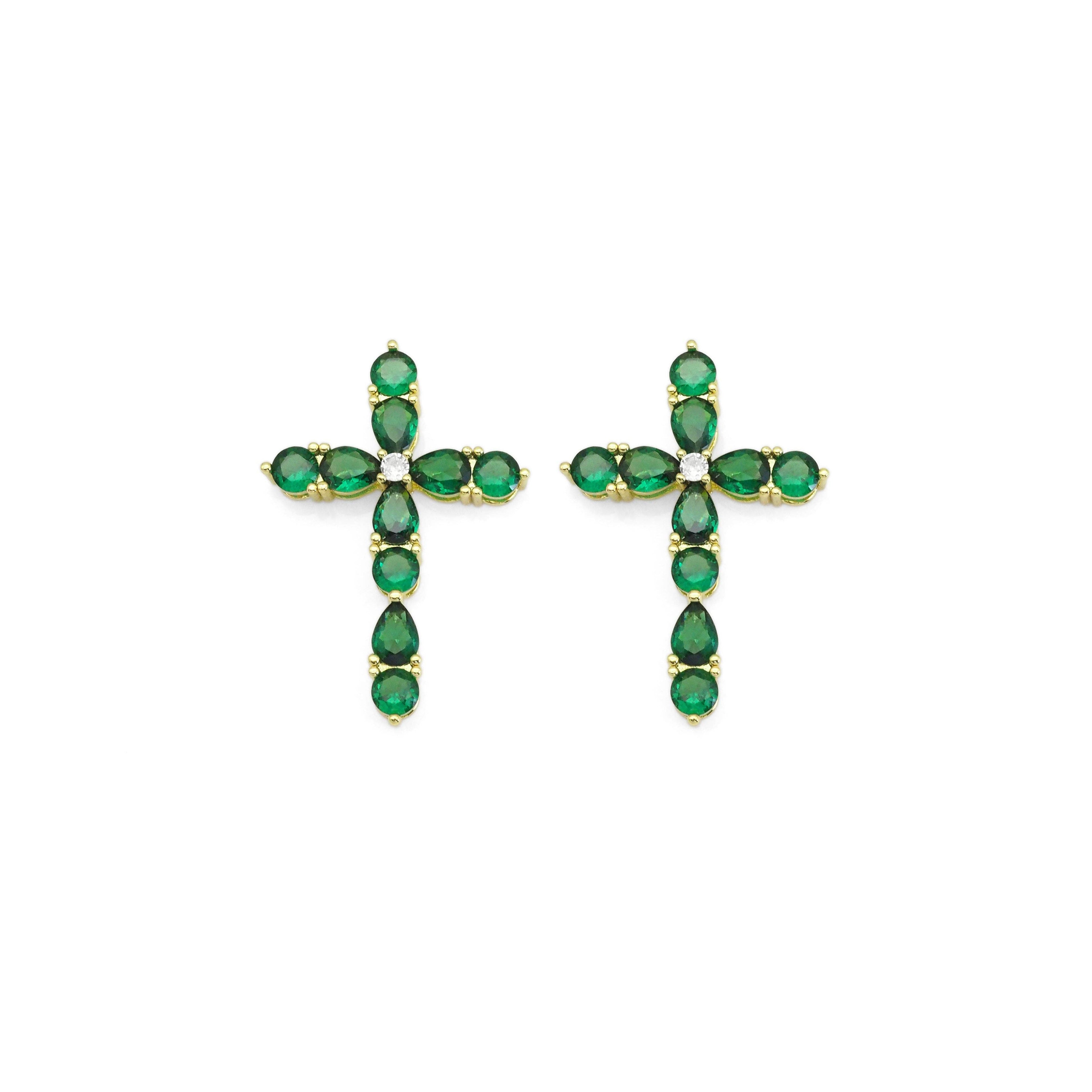 Green Teardrop CZ Gold Cross Charm, Sku#LX356