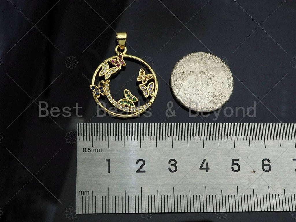 Gold Fillled Colorful CZ Micro Pave Butterfly On Round Ring Shape Pendant, 18K Gold Filled Charm, Necklace Bracelet Pendant,22x26mm,Sku#LD97