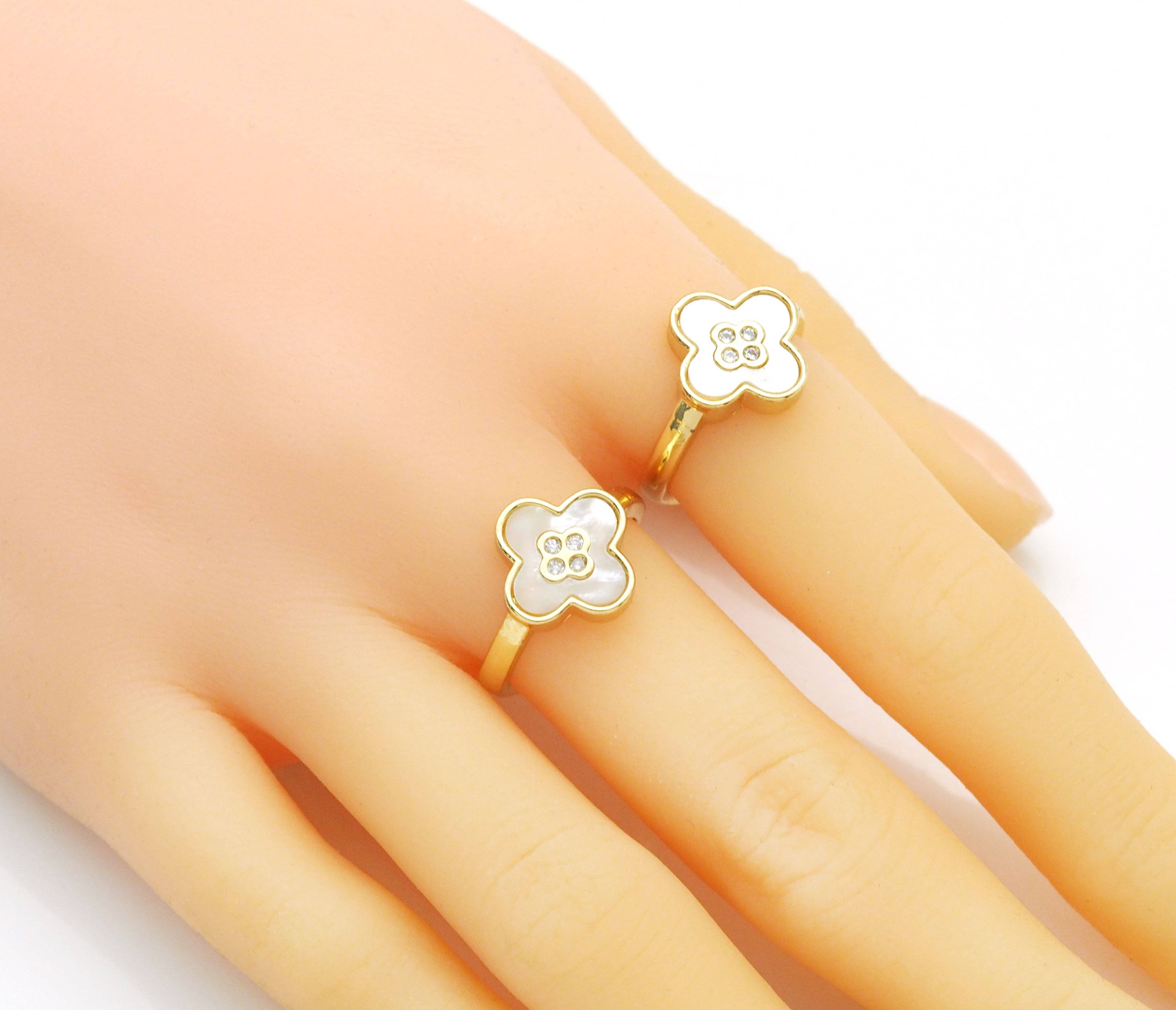 Gold Mother of Pearl Clover Adjustable Ring, Sku#X367