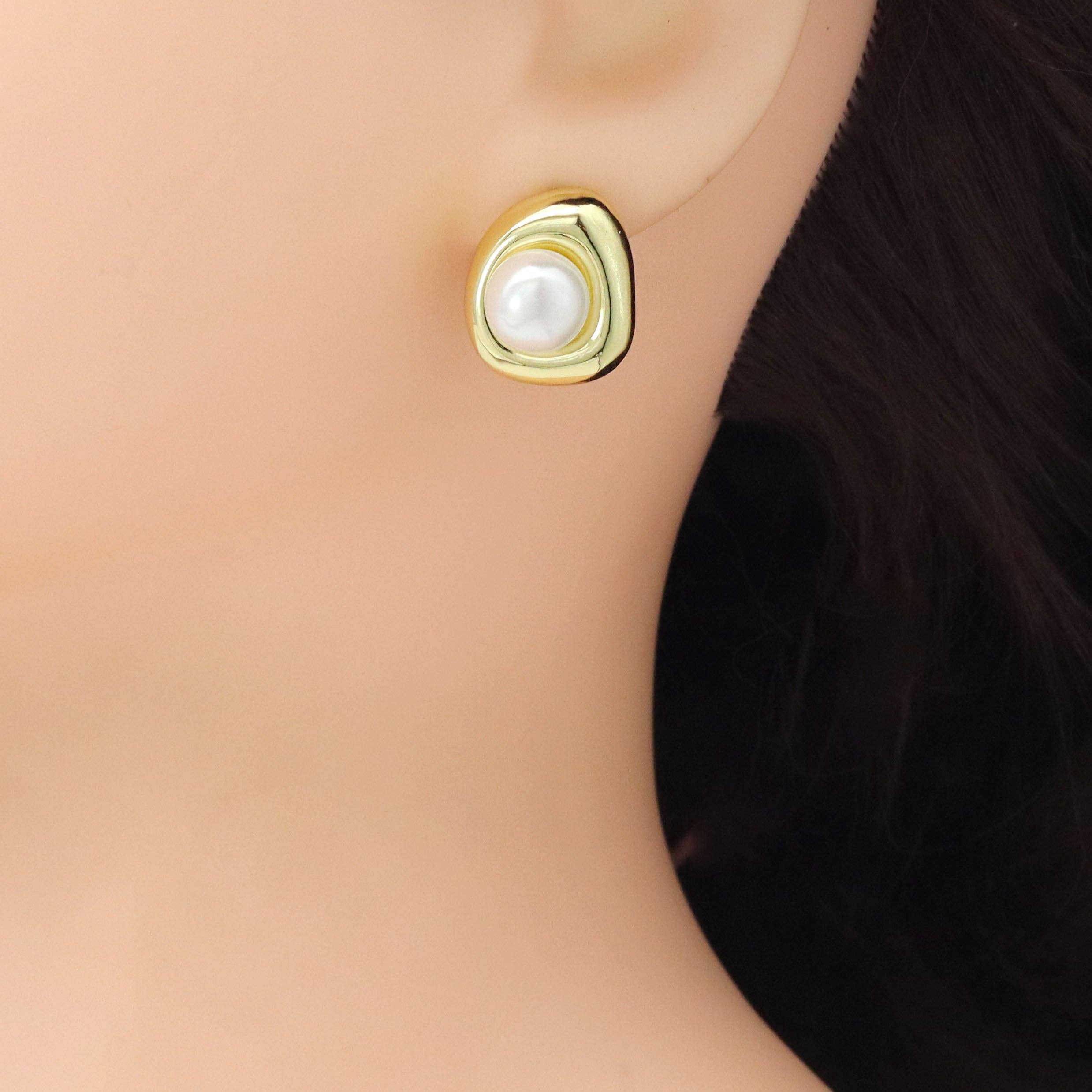 Gold White Pearl Stud Earrings, Sku#LX720