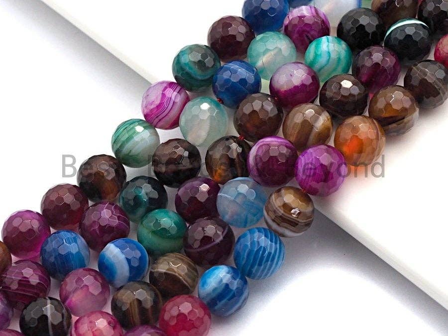 High Quality Faceted Colorful Banded Agate beads, 6mm/8mm/10mm/12mm Rainbow Agate Gemstone beads, 15.5inch strand, SKU#U454
