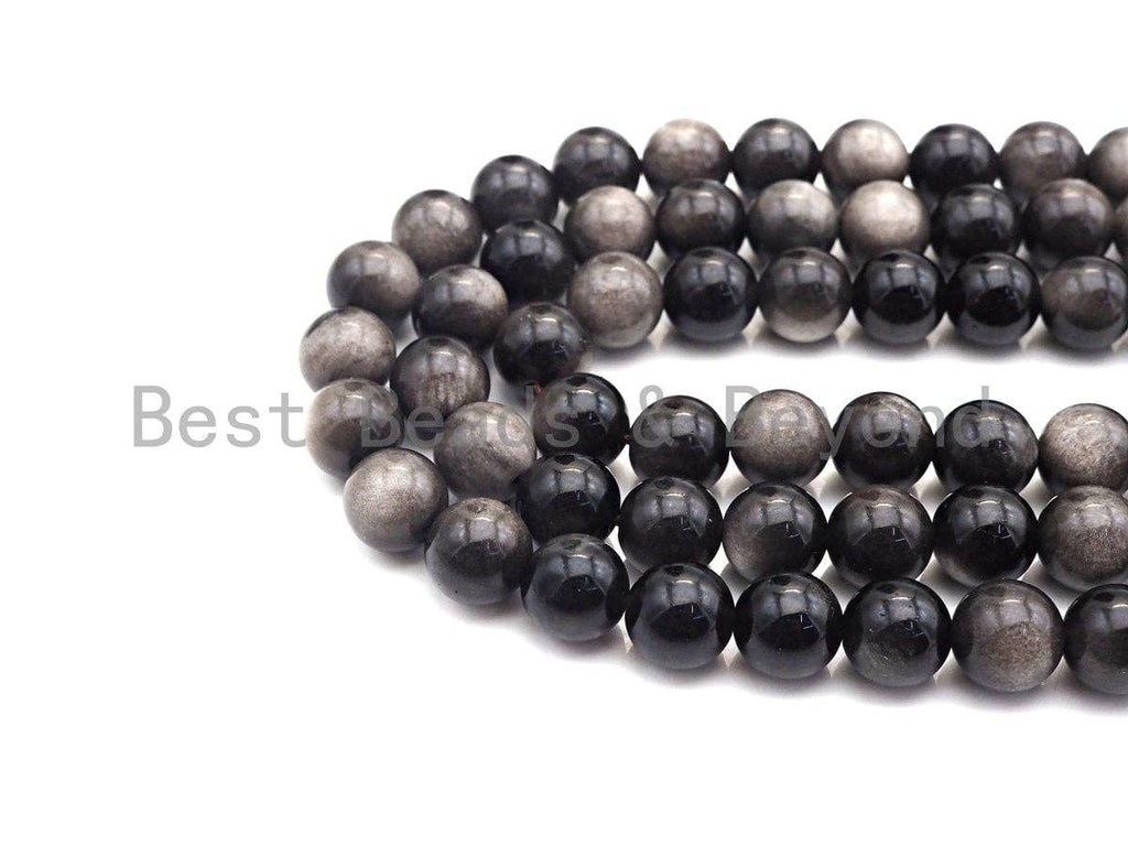High Quality Natural Silver Obsidian, Round Smooth 6mm/8mm/10mm/12mm/14mm, 15.5" Full Strand, sku#U848