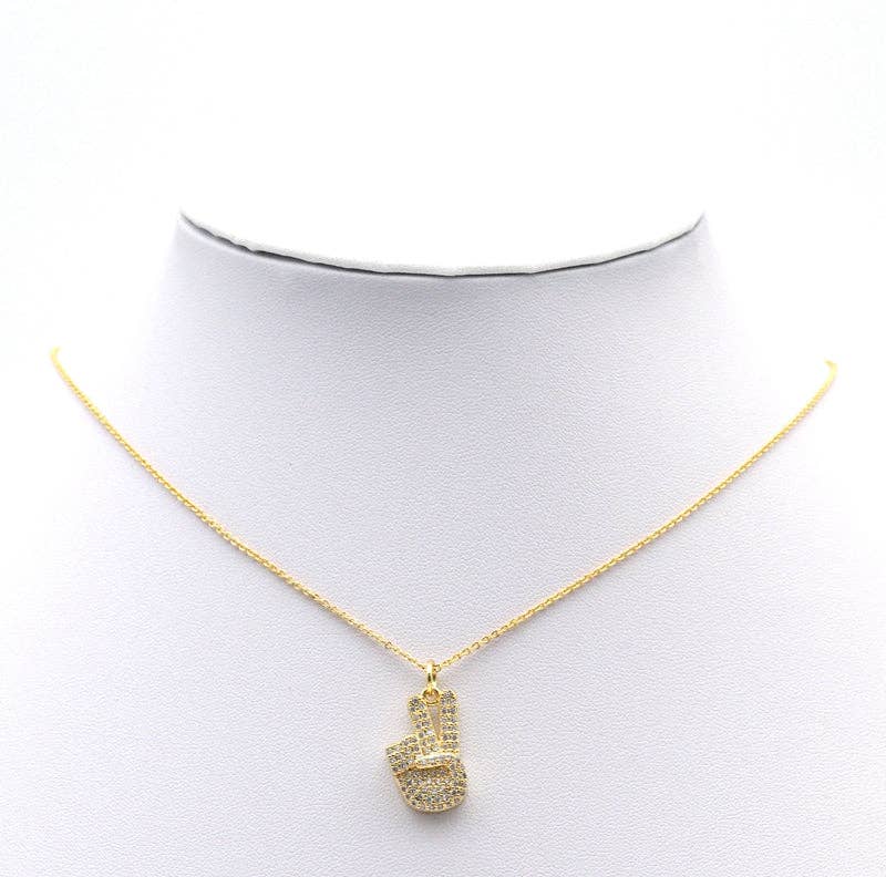 CZ Gold Love Hand Pece Hand Victory Sign Charm, Sku#LX143