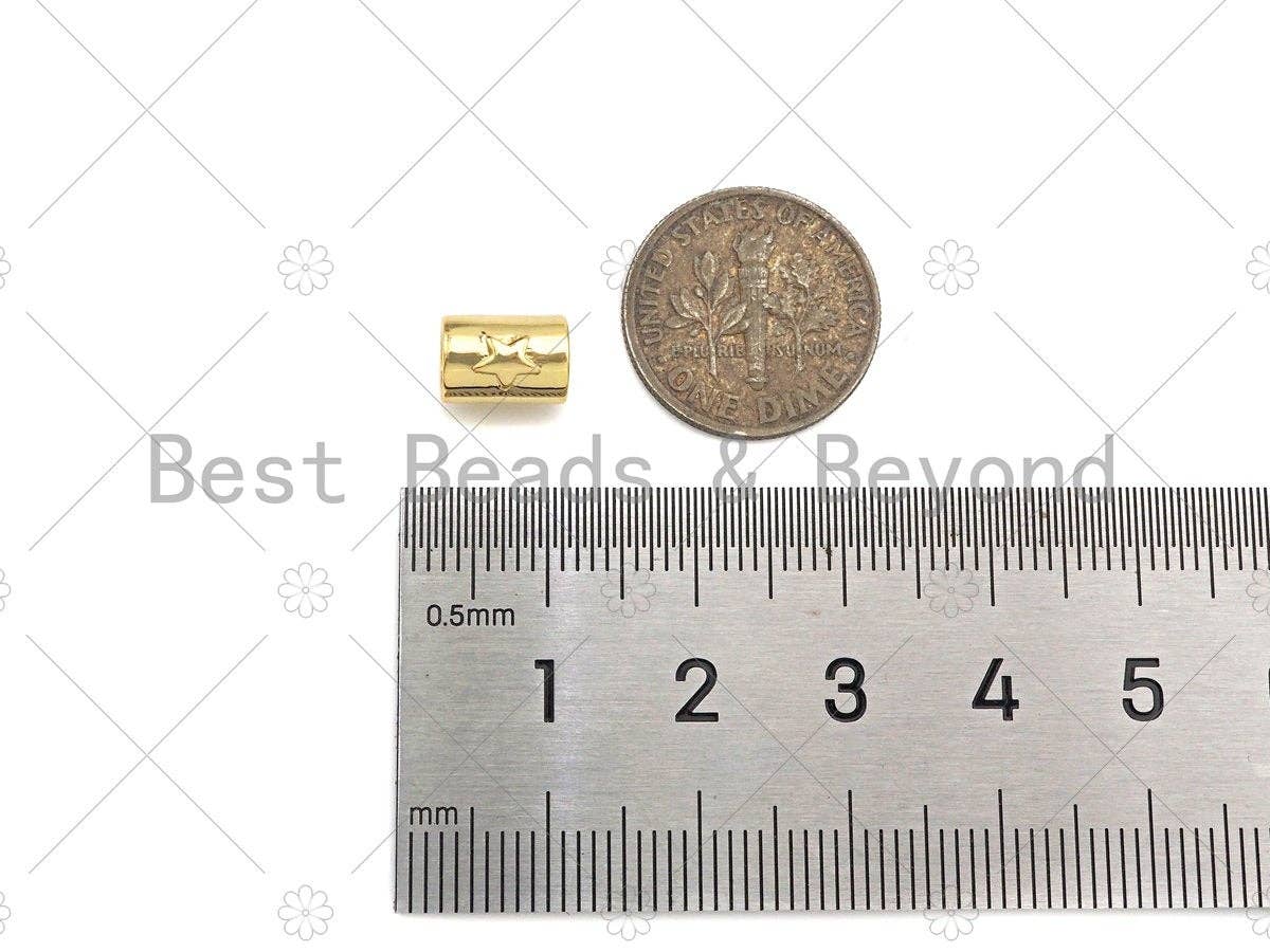 18K Gold High Polished Star On Tube Spacer Beads, Large Hole Tube Spacer Beads, Men's Jewelry Findings, Bracelet Beads, 9x7mm, Sku#Y387