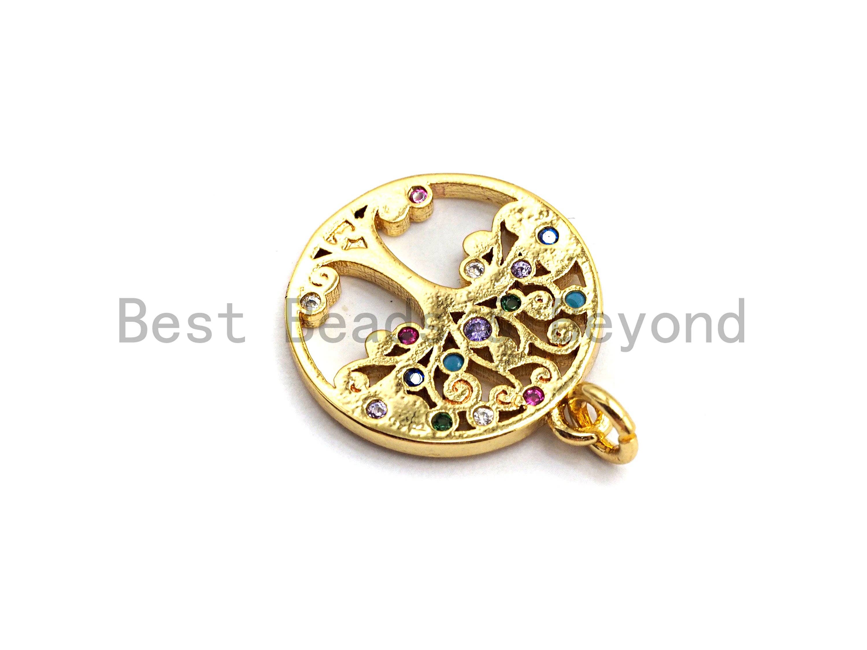 CZ Colorful Micro Pave Round With Tree Pendant, Tree Pave Pendant/Charm, Gold plated, 14x16mm, Sku#F759
