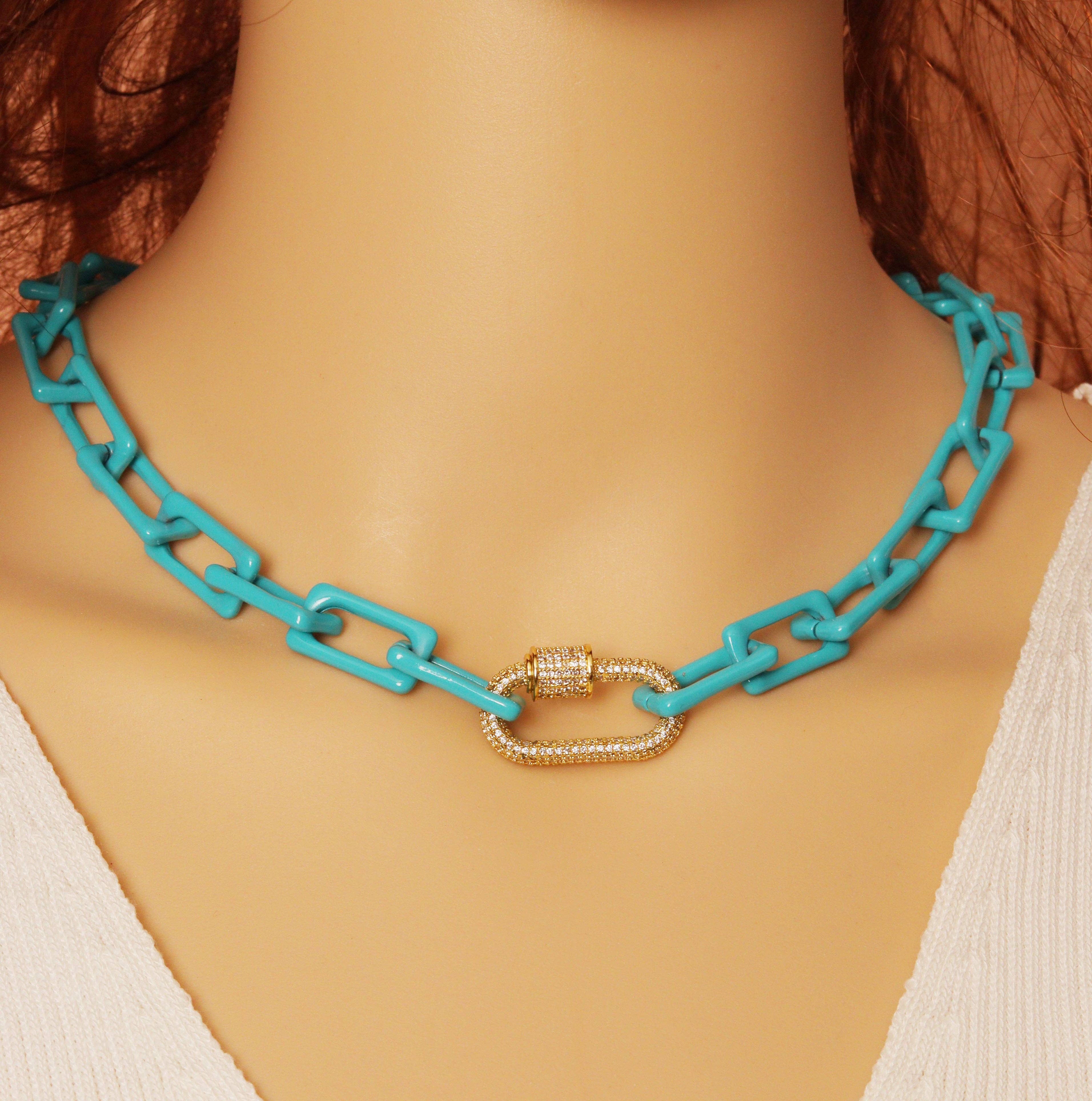 Colorful Enamel CZ Oval Chain Necklace, Sku#EF235