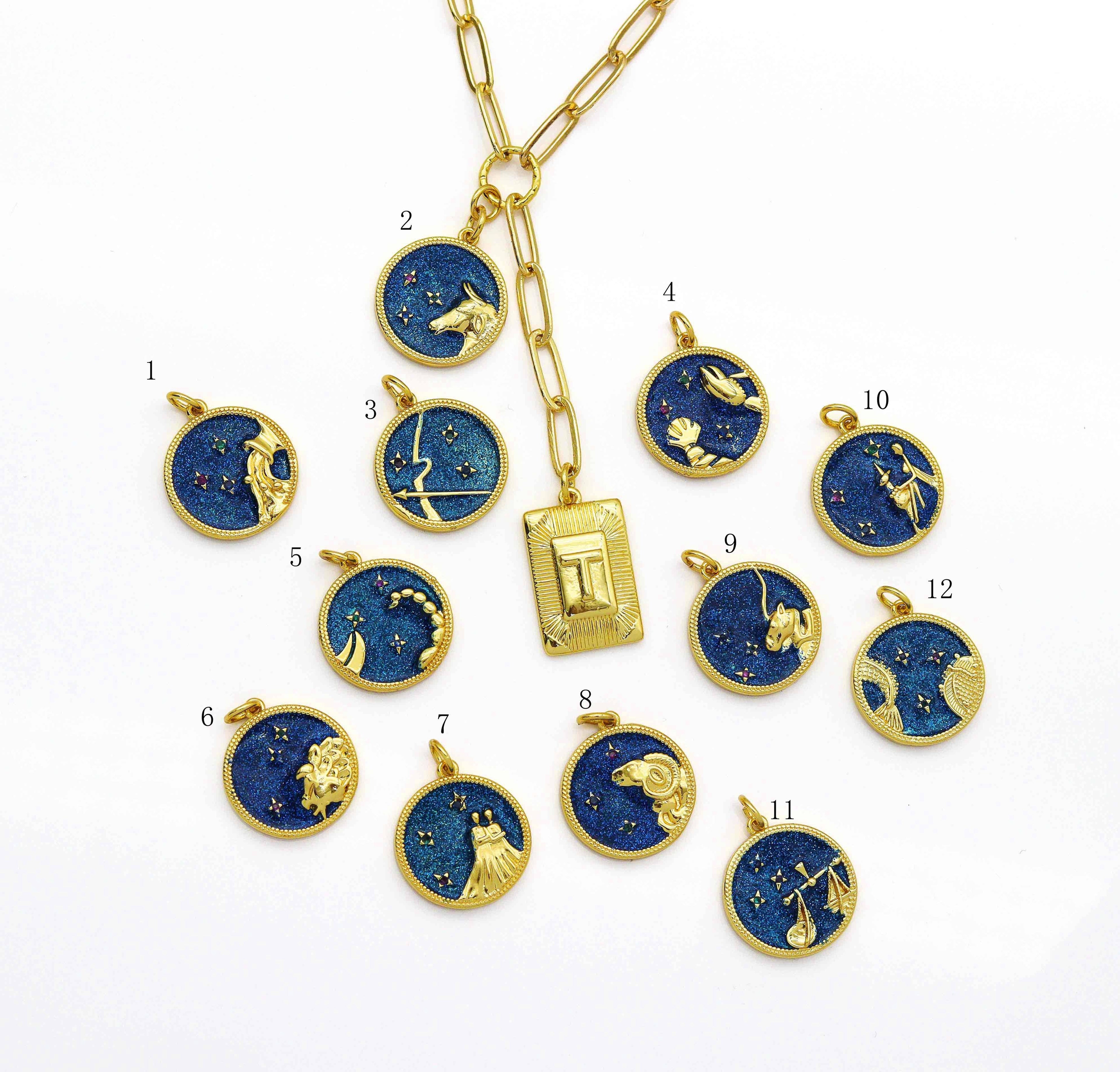 Personalized Blue Constellation Drop Coin Necklace, Sku#CL27