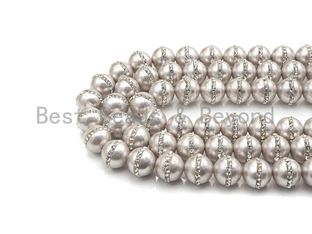 6mm/8mm/10mm/12mm SLIVER GRAY Pearl with Rhinestone Inlaid, Silver Gray Round Mother of Pearl Beads, 15.5'' Full strand, Sku#V61