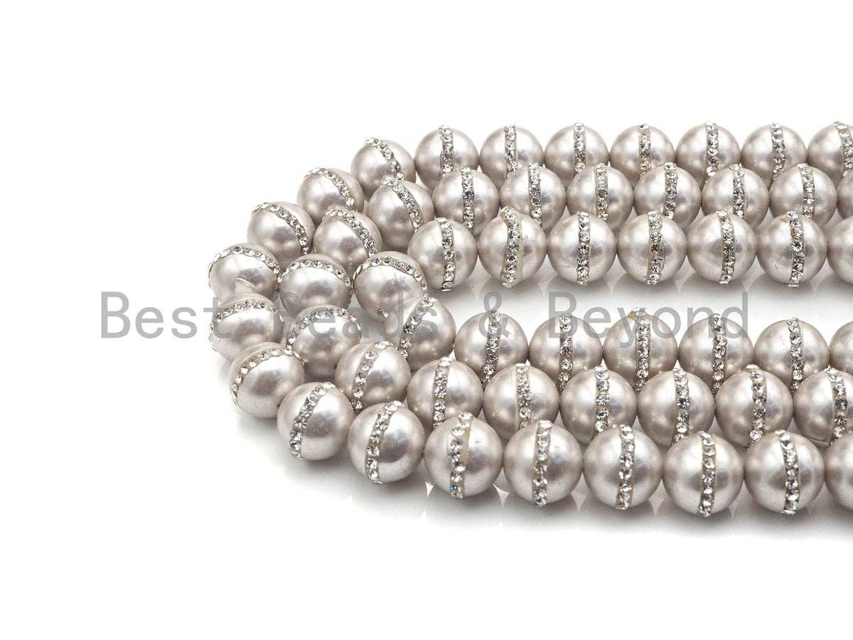 6mm/8mm/10mm/12mm SLIVER GRAY Pearl with Rhinestone Inlaid, Silver Gray Round Mother of Pearl Beads, 15.5'' Full strand, Sku#V61
