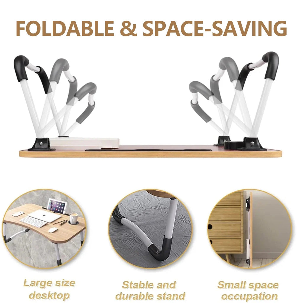 PHANCIR Escritorio Plegable Para Regazo, Mesa Portátil De Madera Para Laptop De 23.6 Pulgadas, Organizador De Oficina Para Espacio De Trabajo, Bandeja Para Cama Y Sofá Con Ranuras/Portavasos/Cajón, Antideslizante Para Leer Escribir Comer Ver, Nogal