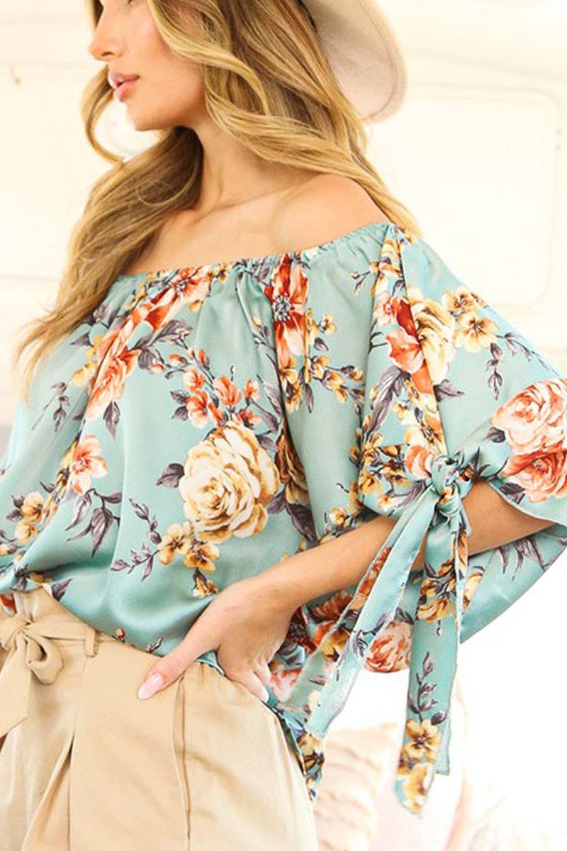 NATASHA - Floral Off The Shoulder Satin Blouse Top