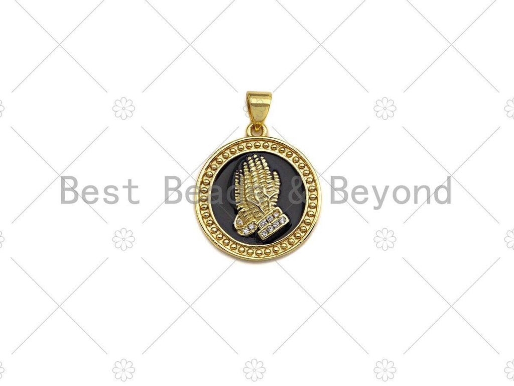 CZ Micro Pave Enamel Prayer Hand Pendant, 3D Embossment Hands Charm, Coin Jewelry, 19mm,sku#LK03