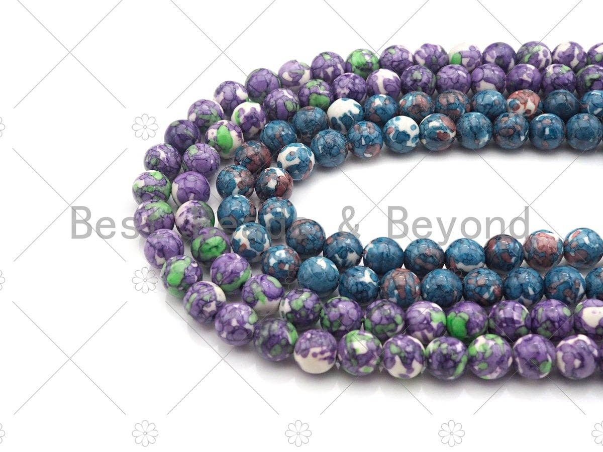 Purple Green Orange Blue Mottled Jade Beads, Round Smooth 8mm/10mm/12mm, Dyed Jade Gemstone Beads, 15.5" Full Strand, sku#UA108