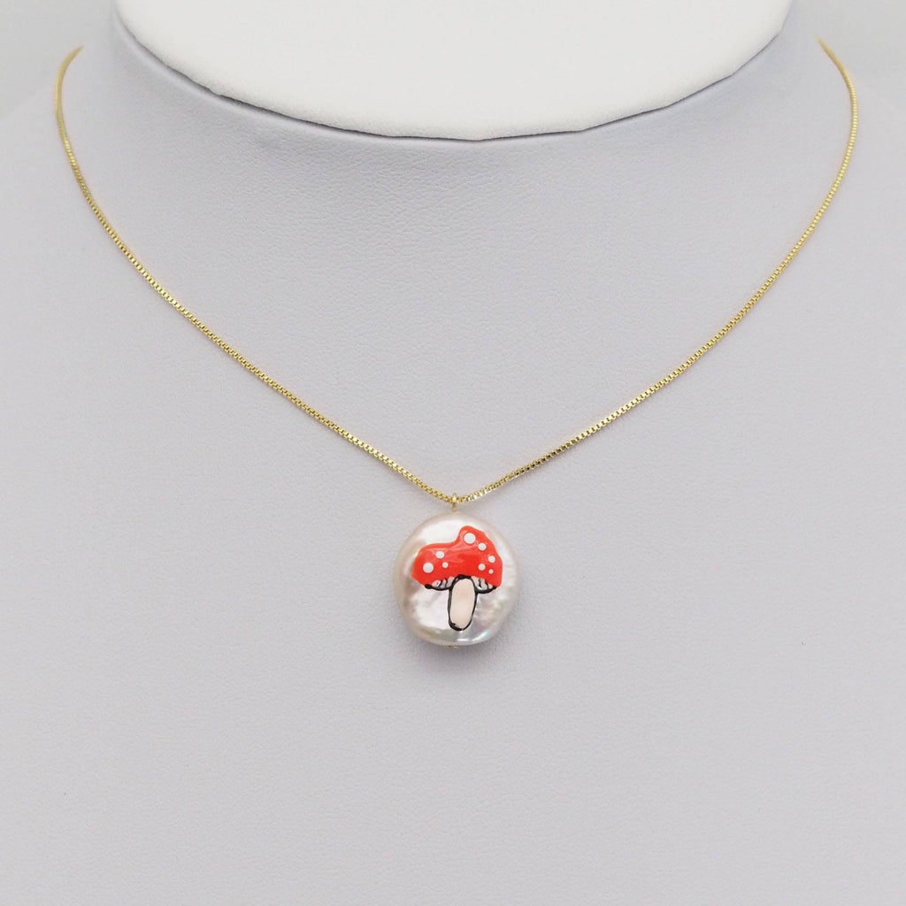 Red Mushroom On White Pearl Pendant/Spacer beads, Sku#Y890
