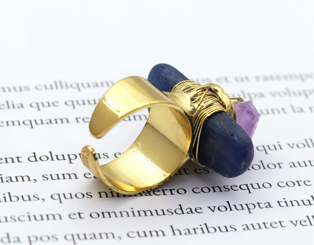 Gold Kyanite with Amethyst Adjustable Ring, Sku#YT32