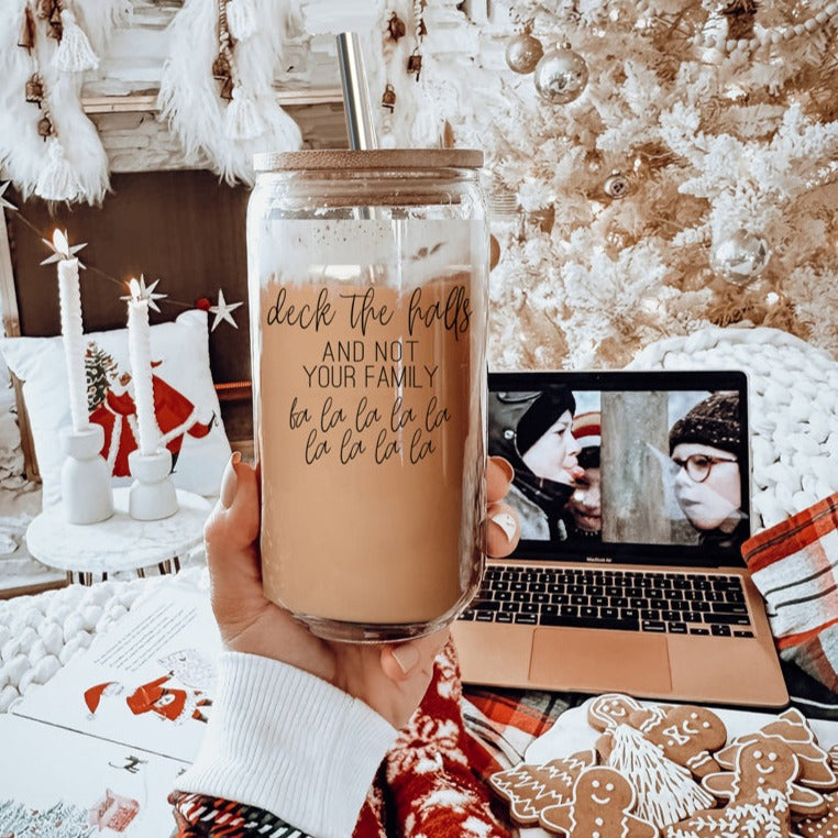 Deck The Halls 17oz Glass Tumbler With Bamboo Lid, Stainless Straws and Cleaner
