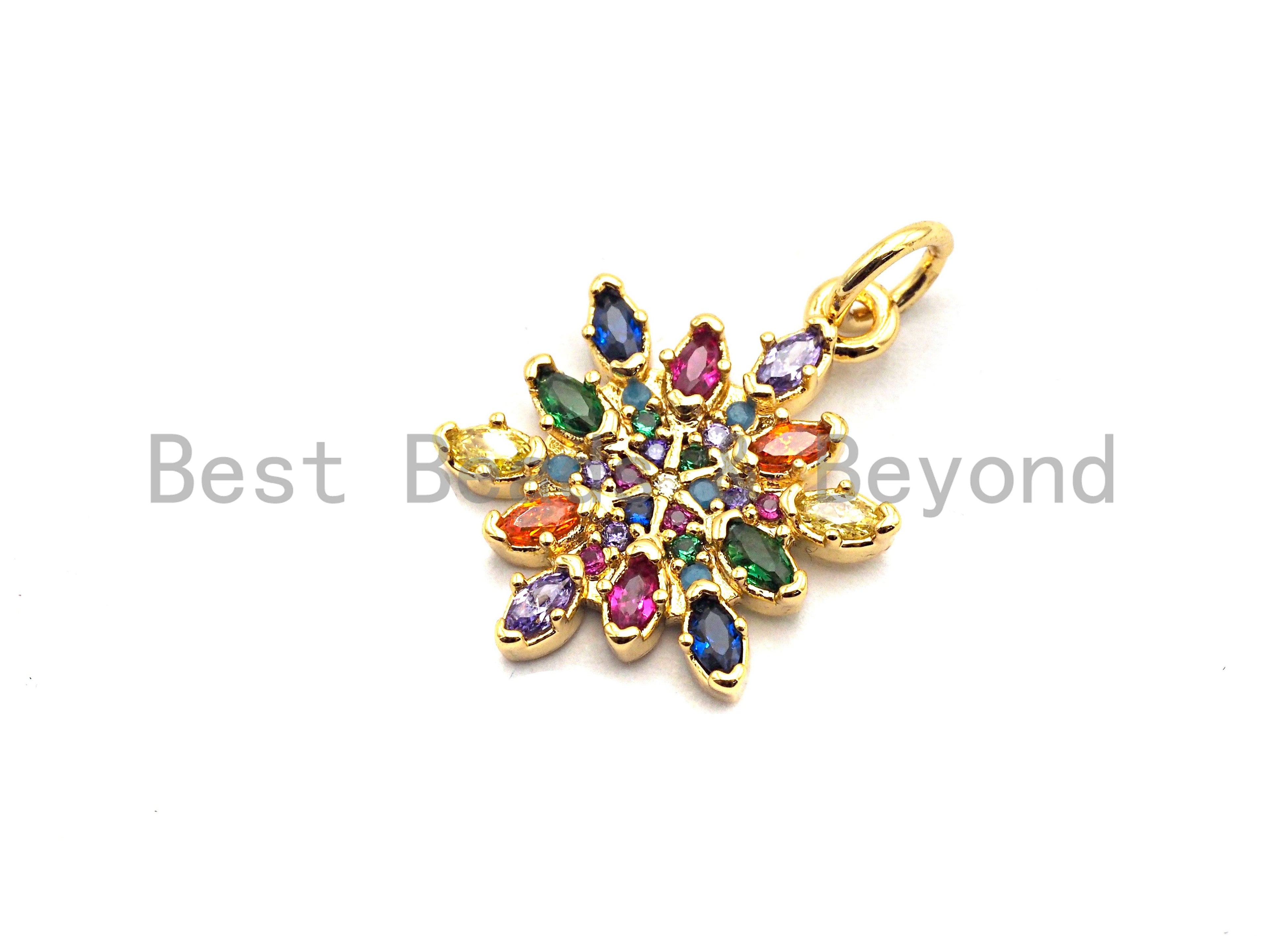 CZ Colorful Micro Pave Round With Snowflake Pendant, Snowflake  Shaped Pave Pendant, Gold plated, 14x18mm, Sku#F823