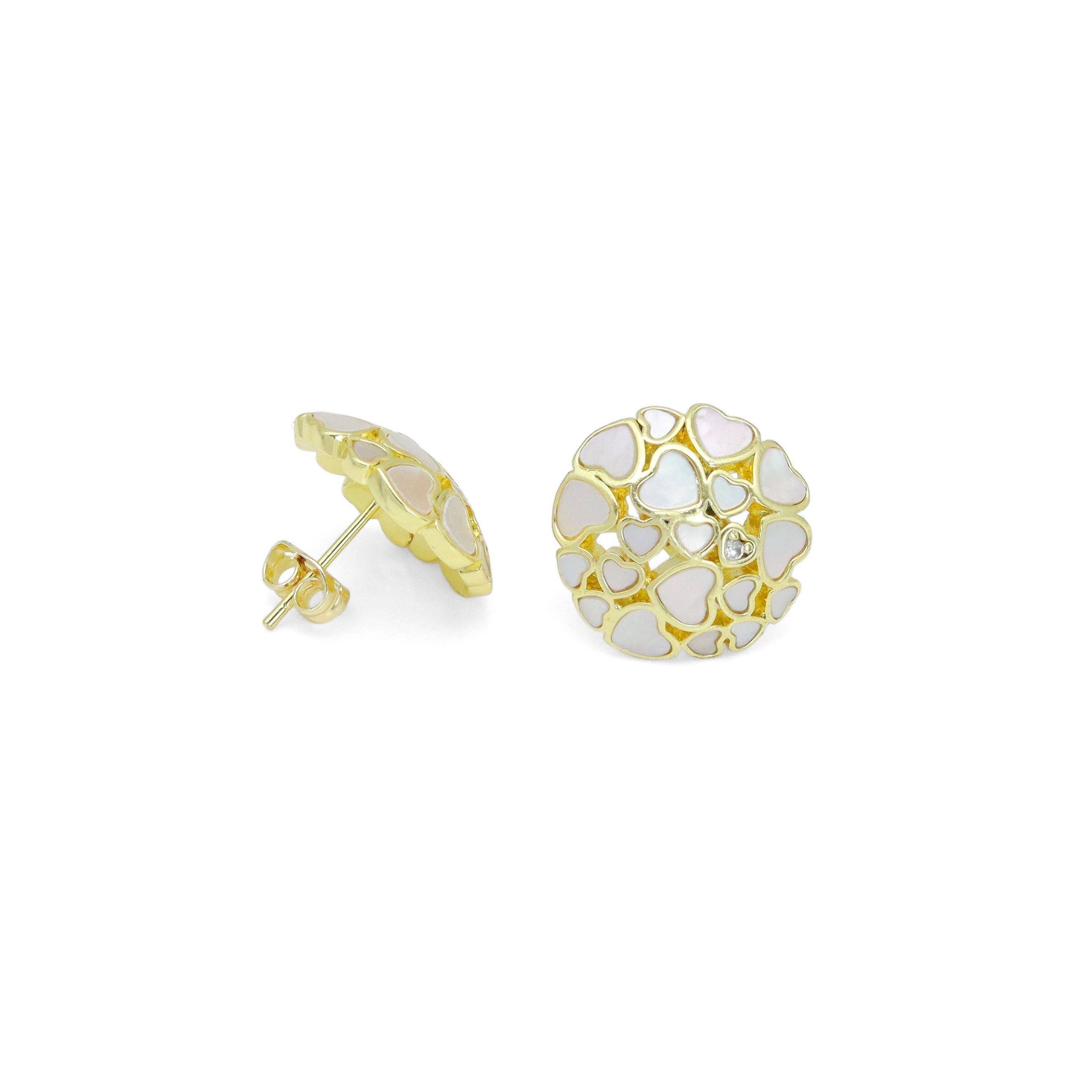 White Pearl Cluster Heart Gold Round Stud Earrings, Sku#LX724