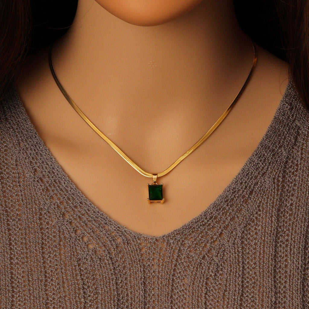 Gold herringbone Chain with Rectangle CZ Pendant Necklace, Sku#EF506