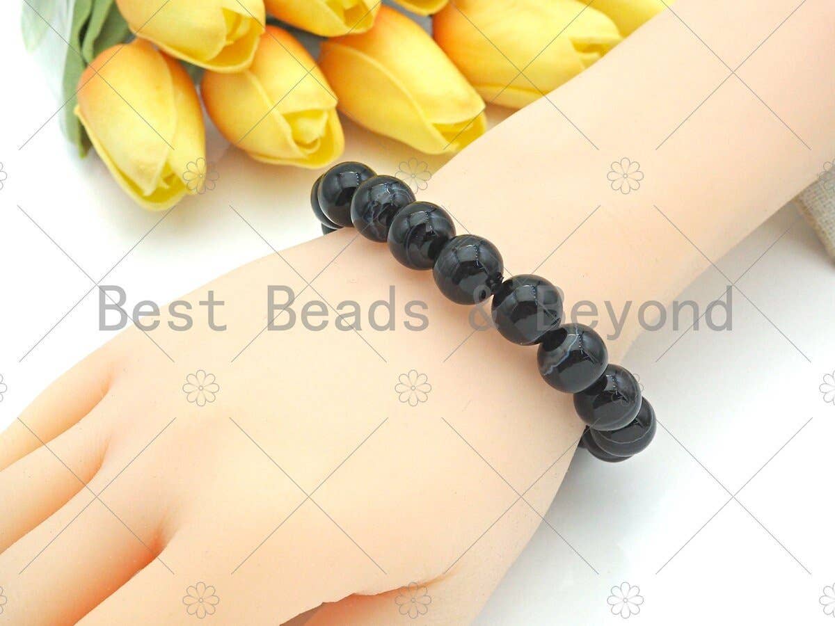 Natural Black White Banded Agate Stretchy Bracelet, Sku#EF22