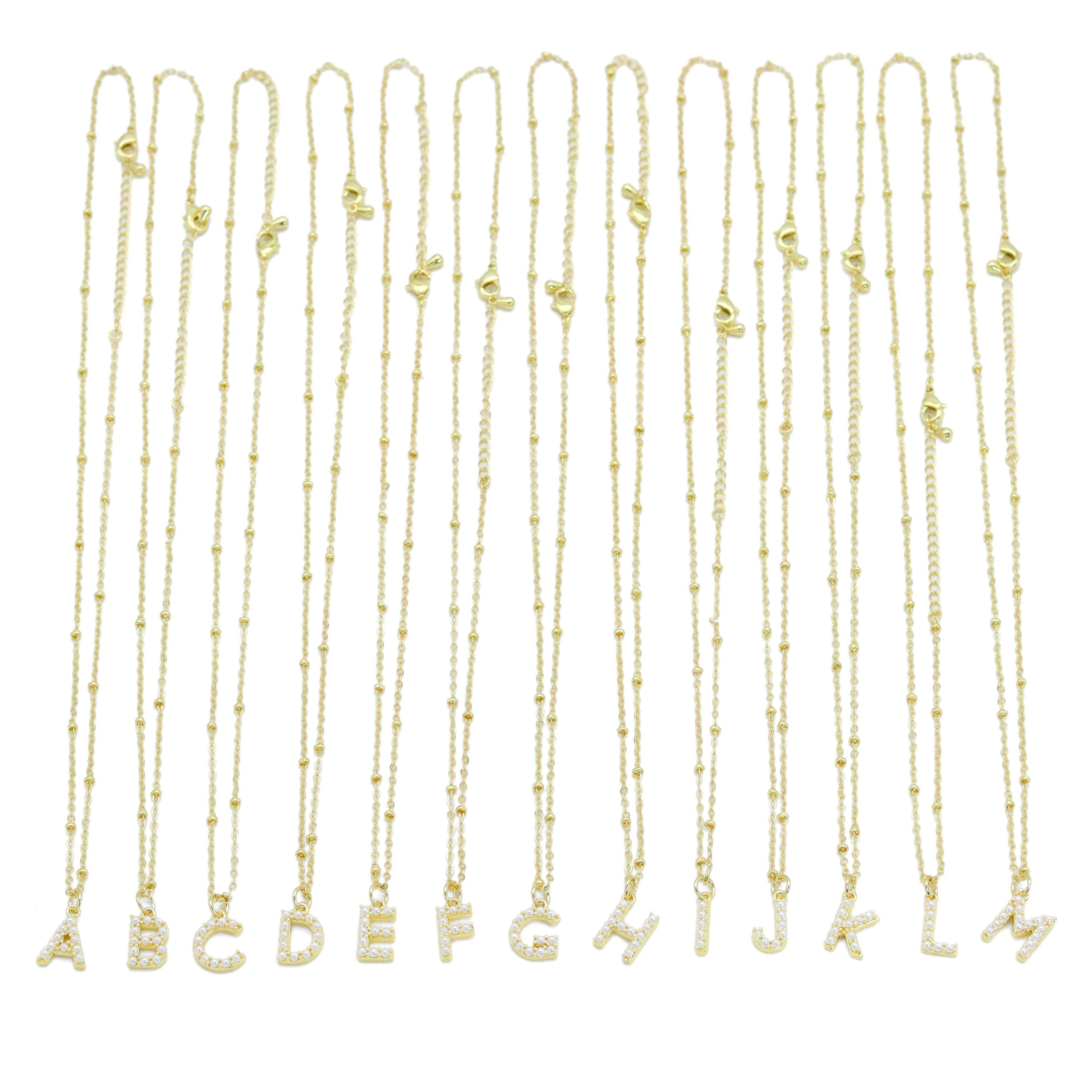 Gold Silver Peal Initial Charm Necklace,Sku#EF601