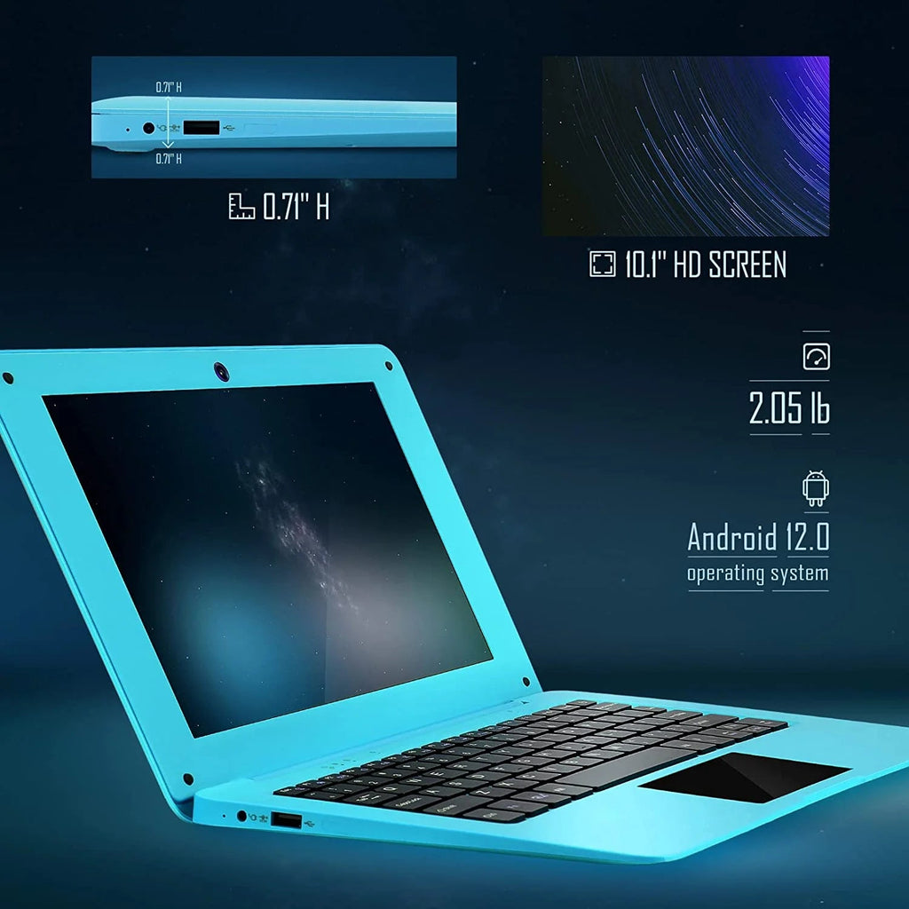 10.1 Inch Laptop Android 12.0 Computer, Quad Core Powered Netbook,2G RAM+64 GB ROM Mini Laptop Computer for Kids with Bag, Mouse, and Mouse Pad(Blue)