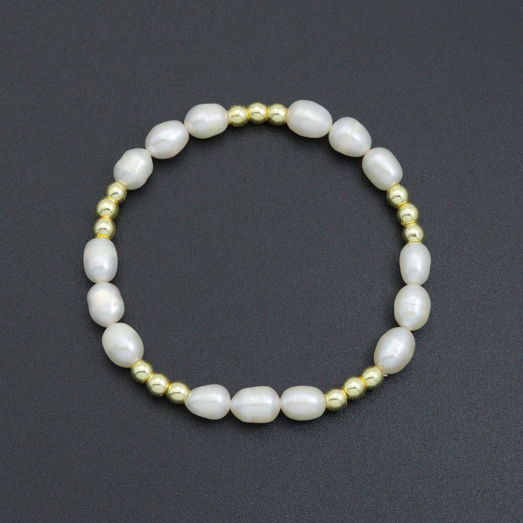 Freshwater Pearl Gold Beads Stretchy Bracelet, Sku#EF688