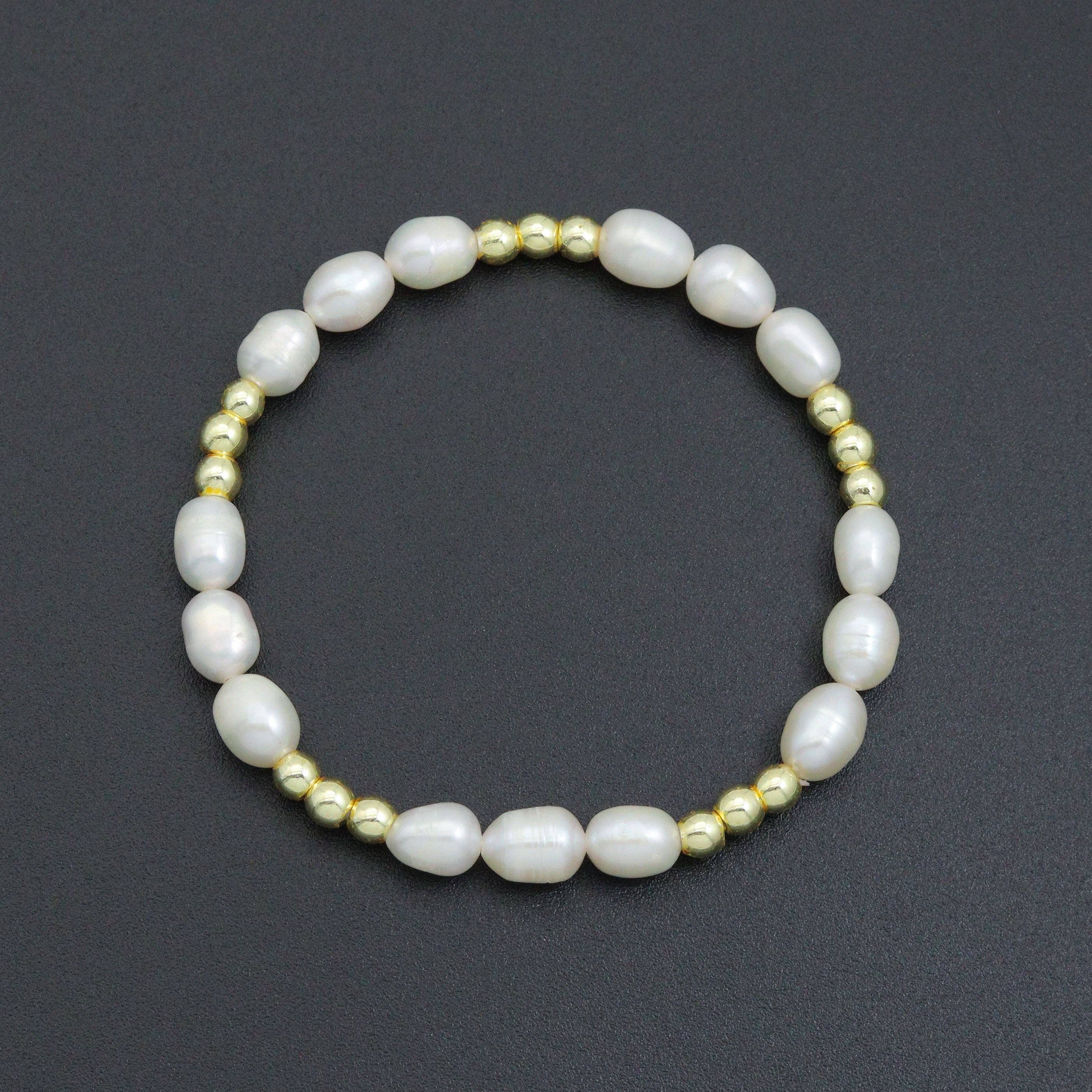 Freshwater Pearl Gold Beads Stretchy Bracelet, Sku#EF688