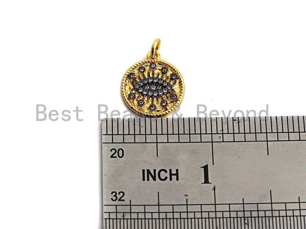 Dual Color CZ Micro Pave Evil Eye on Disc Pendant/Charm,Evil Eye Cubic Zirconia Pendant, Gold Tone,15x17mm,Sku#Z453
