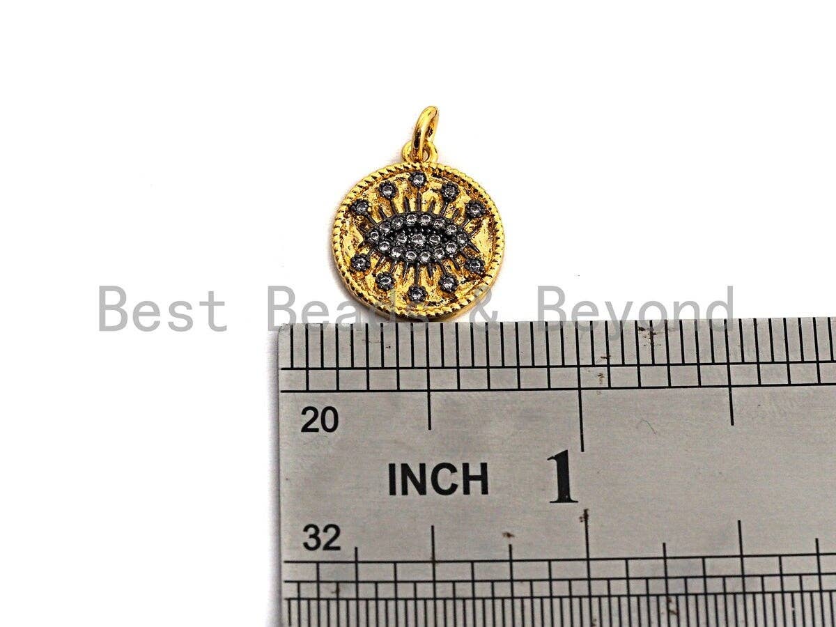 Dual Color CZ Micro Pave Evil Eye on Disc Pendant/Charm,Evil Eye Cubic Zirconia Pendant, Gold Tone,15x17mm,Sku#Z453
