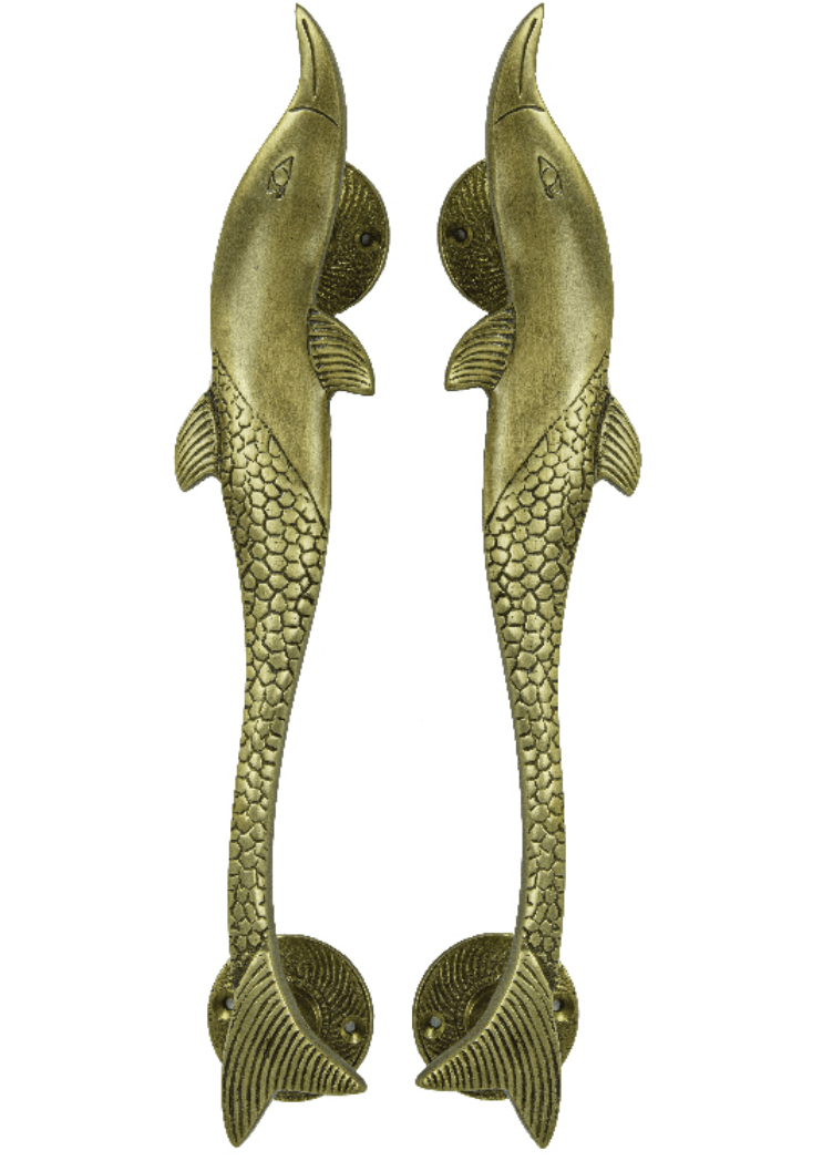 Dolphin Door Handles – Brass Nautical Pair (12"L x 2"W)