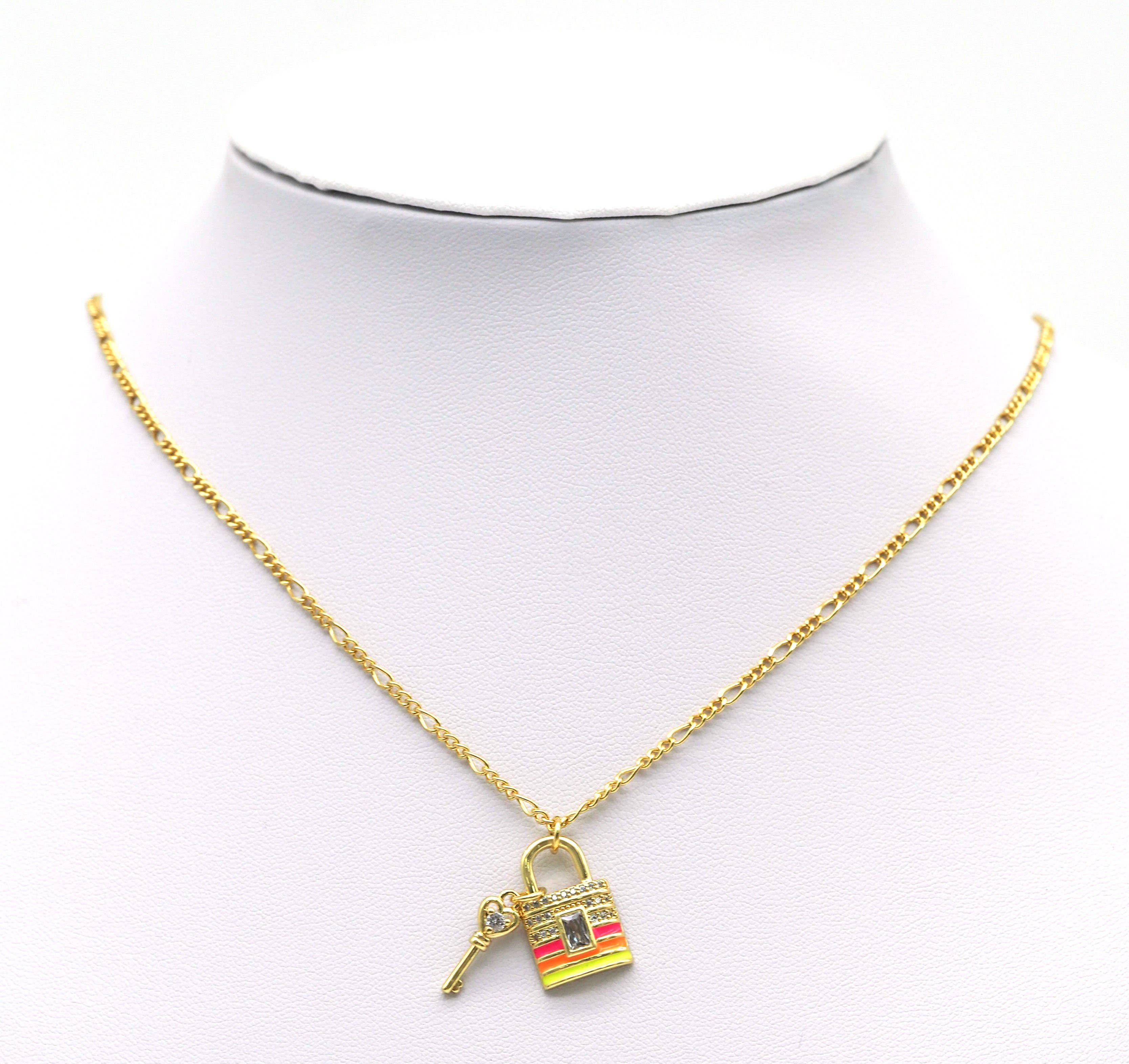 CZ Enamel Lock with Key Charm, Sku#LD282