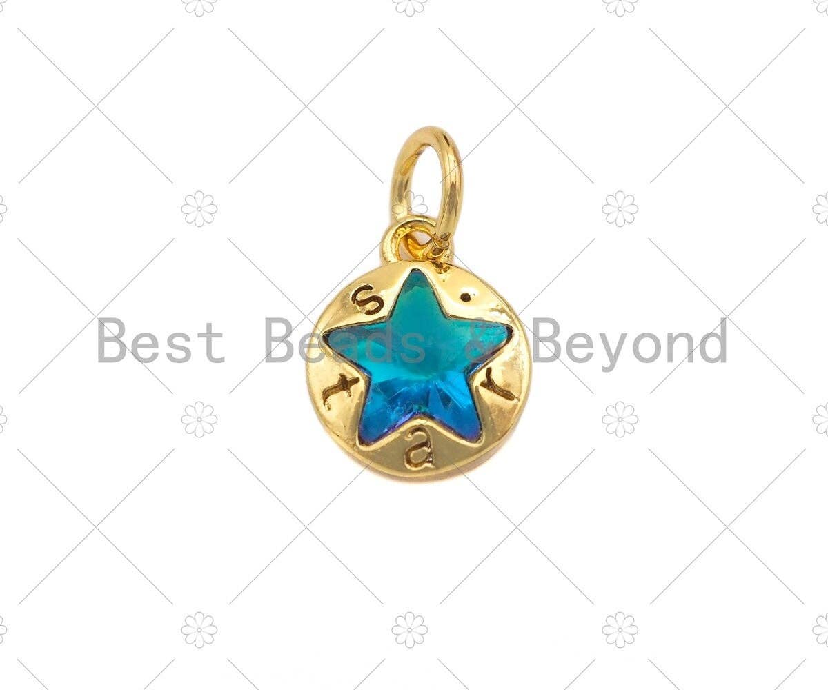 CZ Micro Pave Blue Star On Round Pendant, Gold/Rose Gold/Silver Charm, Blue Star Charm,8x6mm, Sku#Y398
