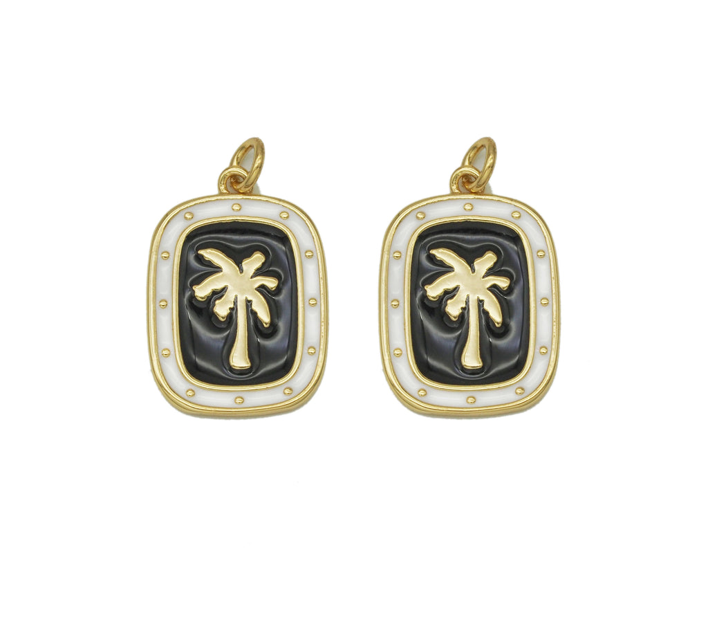 Gold Enamel Coconut Tree On Rectangle Charm, Sku#Z1455