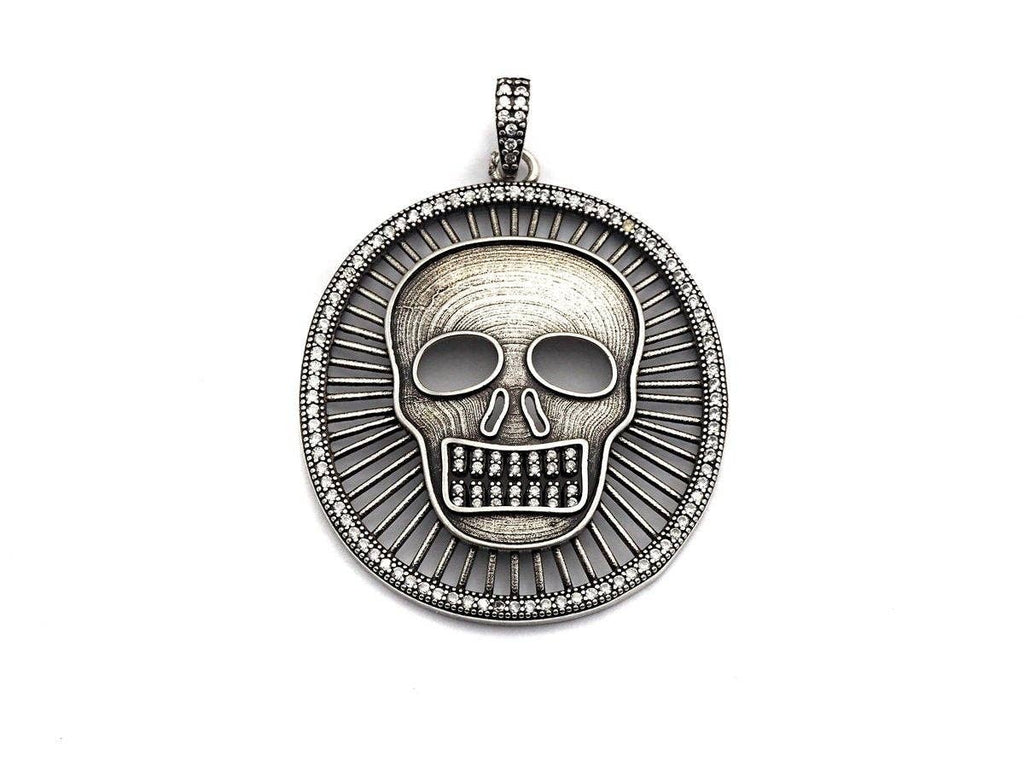 Antique Finish CZ Micro Pave Hollow out Skull Pendant, Silver Tone, 39x46mm,sku#F988C