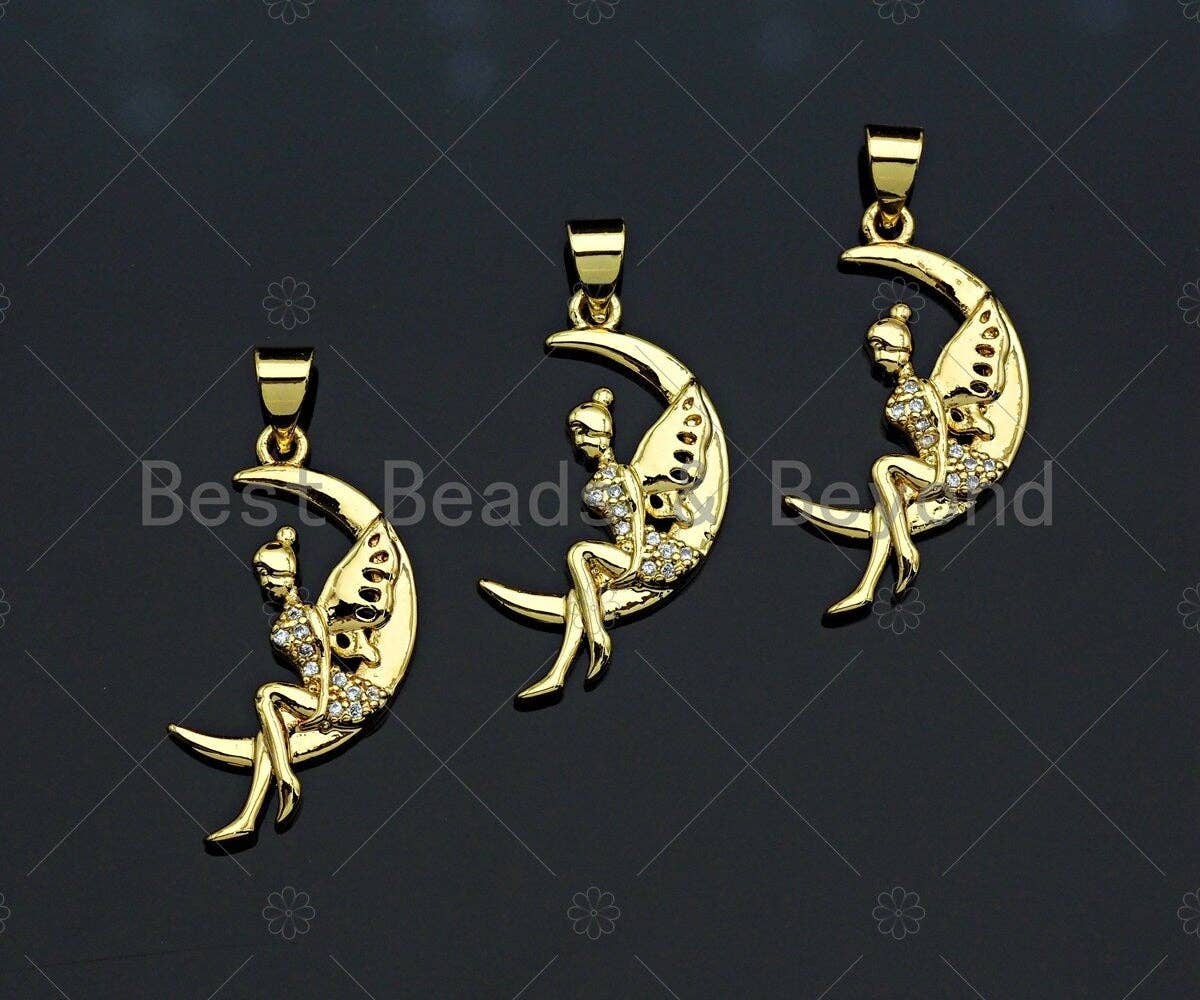 CZ Micro Pave Angel On Cresent Moon Shape Pendant, sku#F1235C