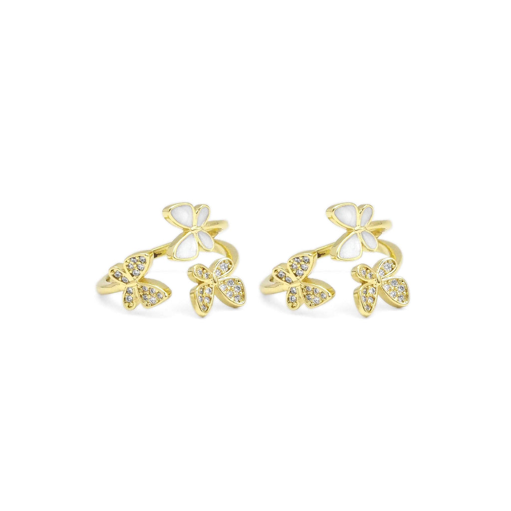 Gold CLear CZ White Enamel Butterfly Adjustable Ring, Sku#LD440