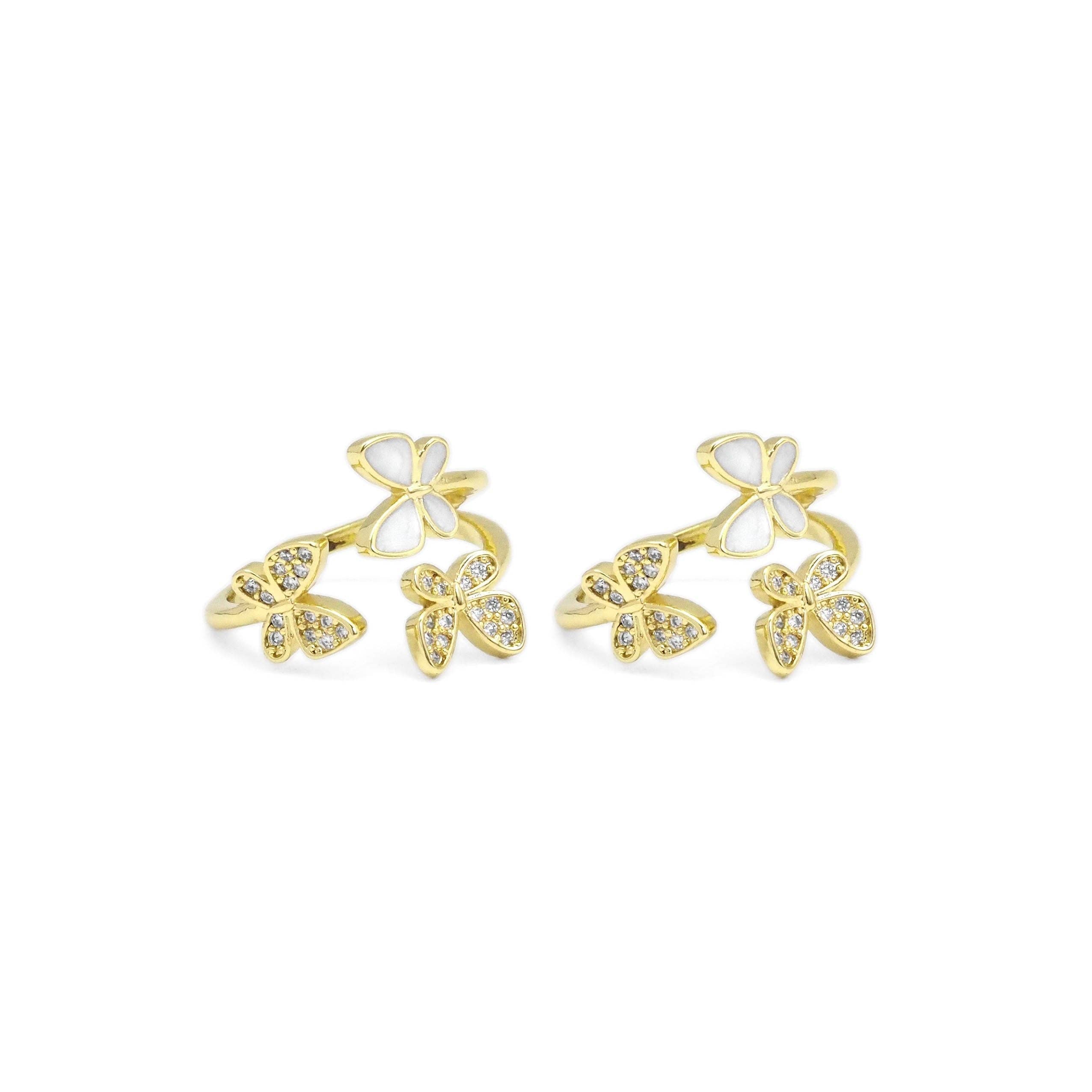 Gold CLear CZ White Enamel Butterfly Adjustable Ring, Sku#LD440