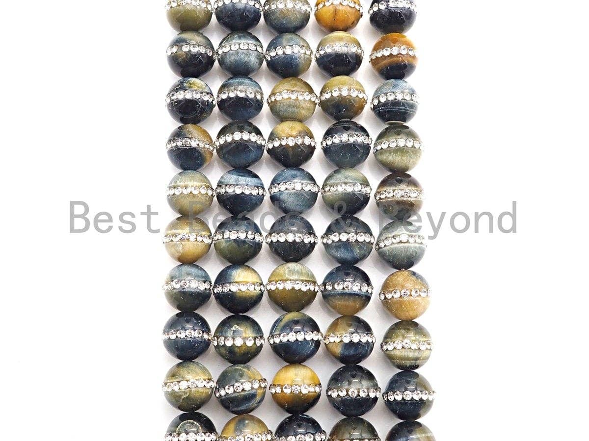 High Quality Natural Tiger Eye with Rhinestone Inlaid, 6mm/8mm/10mm/12mm, Tiger eye Beads, 15.5'' Full Strand, SKU#V50