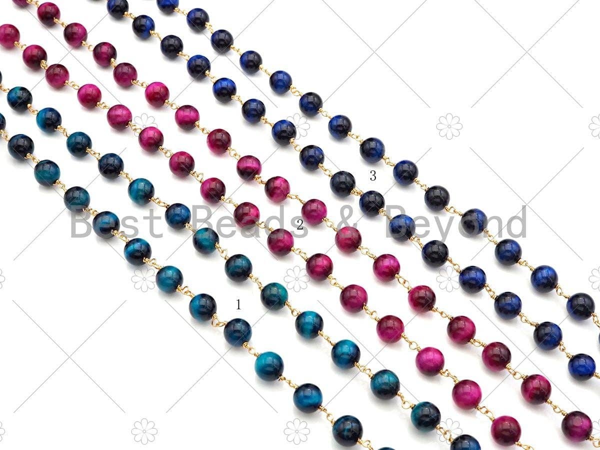 Teal Blue/Fuchsia/Navy Blue High Quality Tiger Eye Rosary Chain, 8mm Beaded Chain, Wire Wrapped Gold Chain,Sku#V81