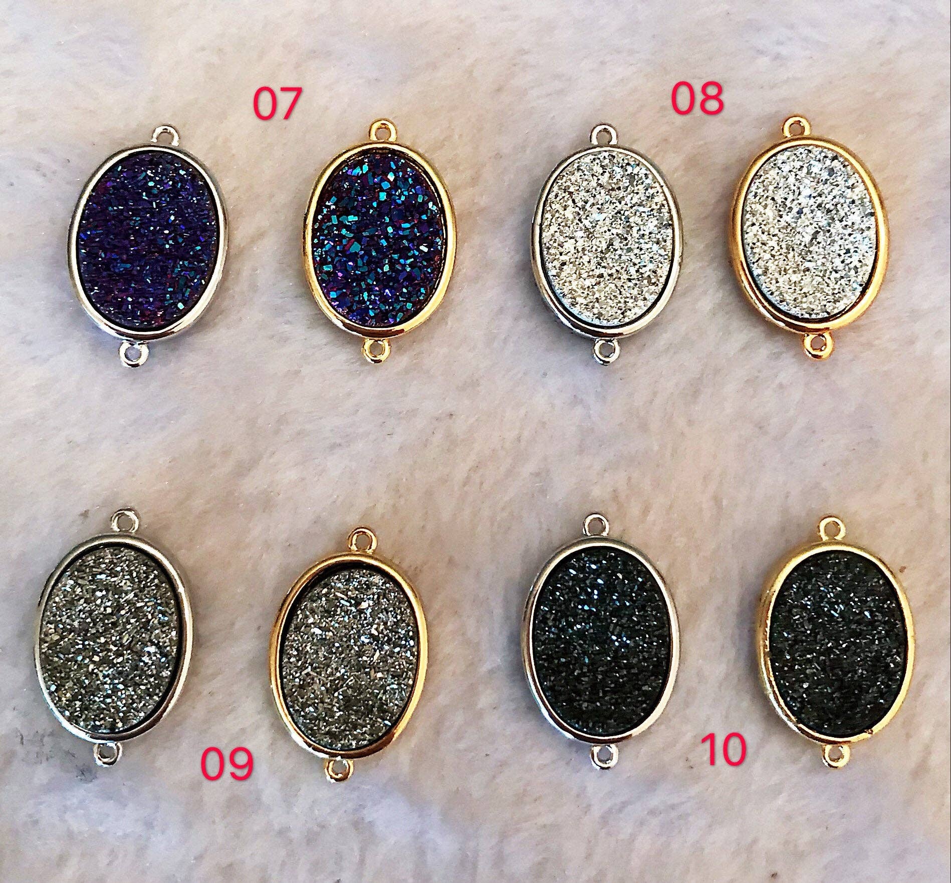 Mystic Drusy Oval Connector, Large Bezel Druzy Connector Charm, Gold/Silver Finish, Turquoise/Pink/Gold/Blue, 13x22mm,SKU#V28