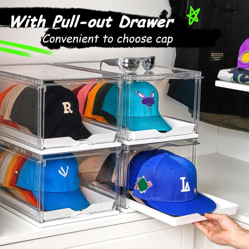 [Video Only] Vtopmart Hat Organizer for Baseball Caps,Clothing with Clear Holder Box, Large Cap Storage with Sliding Tray, Stackable Rack Display Case & Magnetic Door