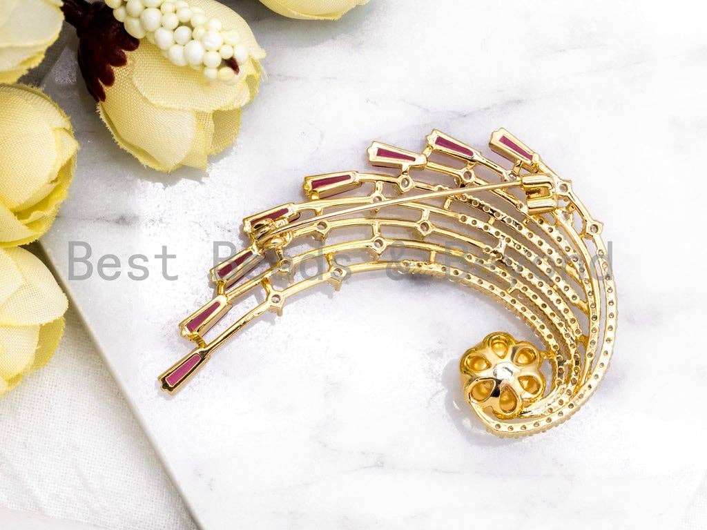 CZ Micro Pave Peacock Brooch Pin with 10mm Round Shell Pearl, Pave Peacock Brooch Jewelry, Gold Fuchsia CZ Pave Pin,  41x59mm, Sku#P27