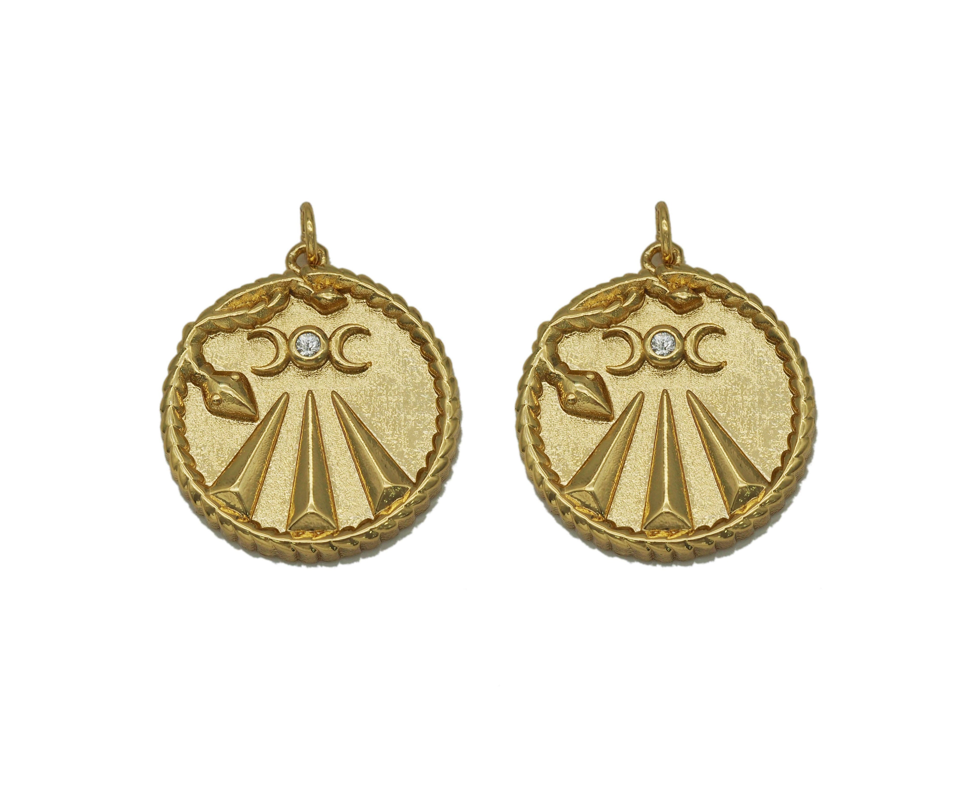 Gold CZ Embossed Snake On Round Coin Charm, Sku#F1501C